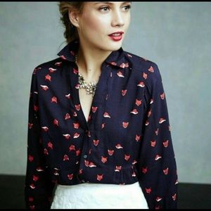 Anthropologie Maeve Woodland Walk Fox 🦊 Print Blouse